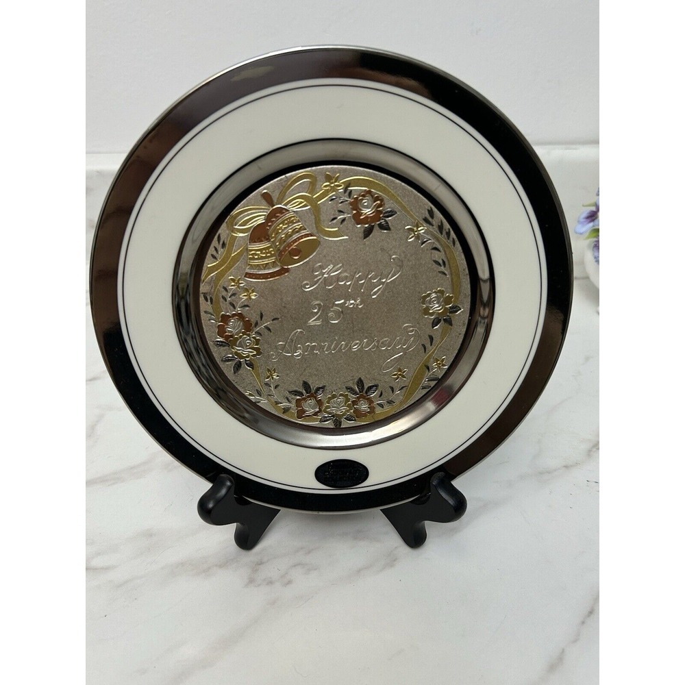 Happy 25th Anniversary Plate‎ Porcelain Japan 6", Gold & Silver, Art Of Chokin'